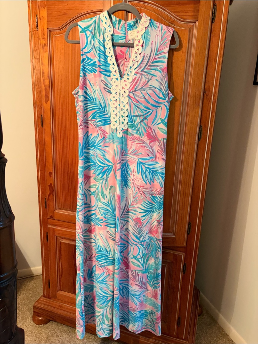Pappagallo Sleeveless Maxi Dress in Blue, Pink & Cream Trim